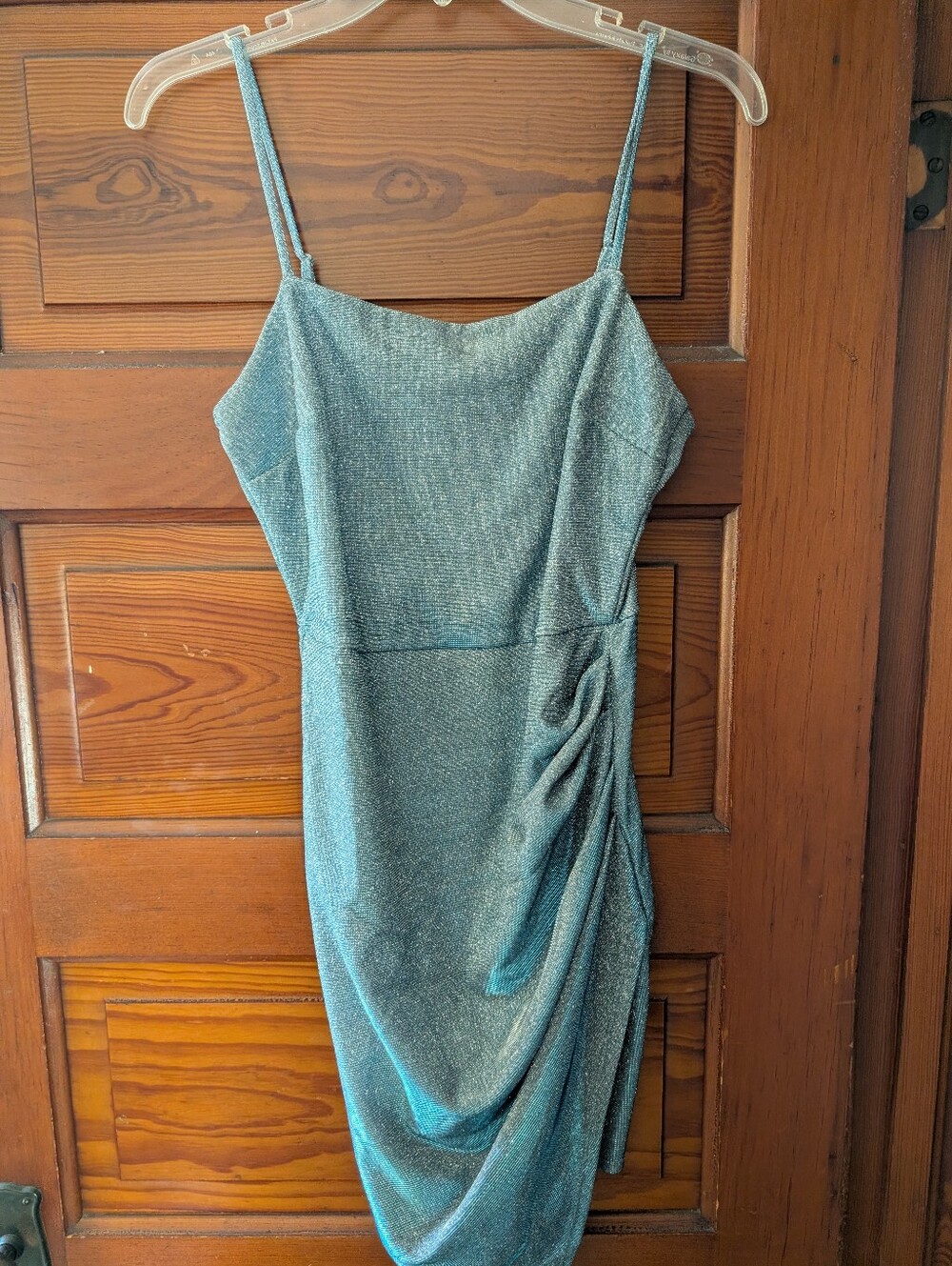 Honey and Rosie Shimmery Teal Midi Dress with Draped Side